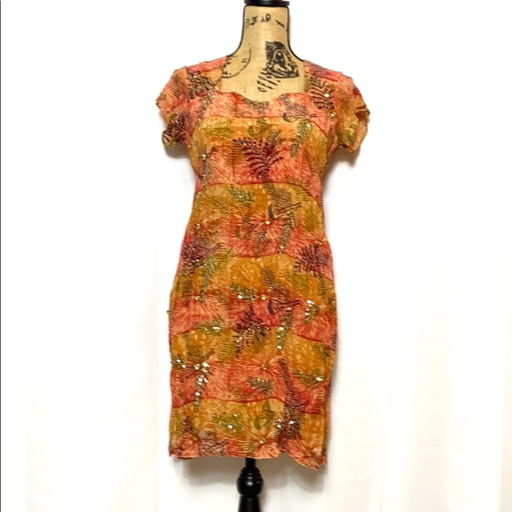 Vintage Boho Red Orange Sequin Leaf Print Dress M